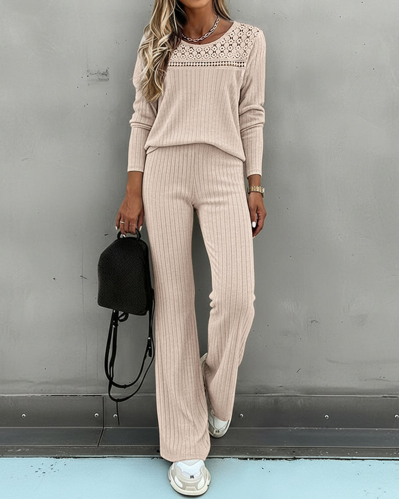 Women's Ribbed Knit Brushed Set Lace Patchwork Long Sleeve Top and Wide Leg Pants 2 Piece Lounge Set with Pockets