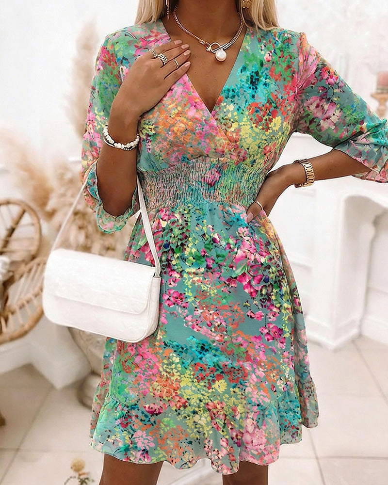 Women's Oil Painting Floral Chiffon Dress V Neck Three Quarters Sleeve Shirred High Waist Ruffle Hem A Line Dress