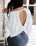 Plain Long Sleeve Cold Shoulder Waffle Knit Blouse Casual Criss Cross Backless Detail Pullover Top