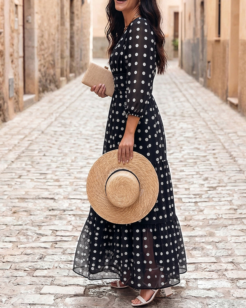Women's Polka Dot Maxi Dress V Neck Lantern Sleeve Ruffle Hem Dress High Waist Button Up Chiffon Long Party Dress