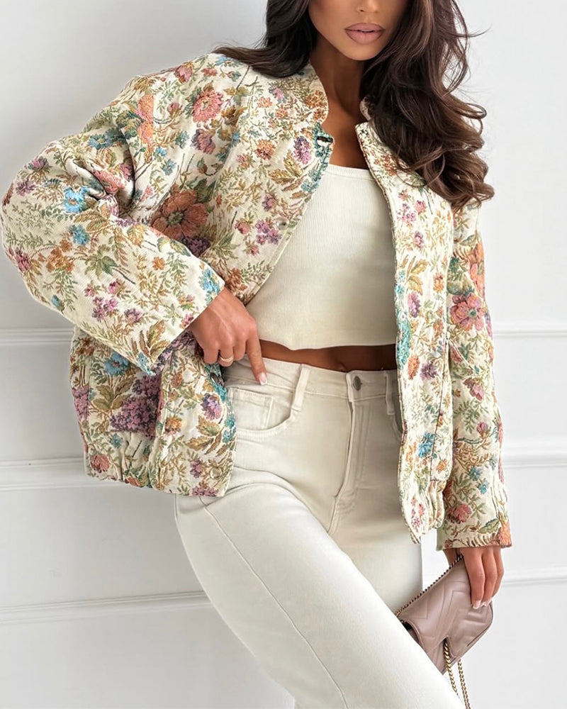 Women's Vintage Floral Jacquard Jacket Elegant Stand Collar Snap Button Loose Fit Coat