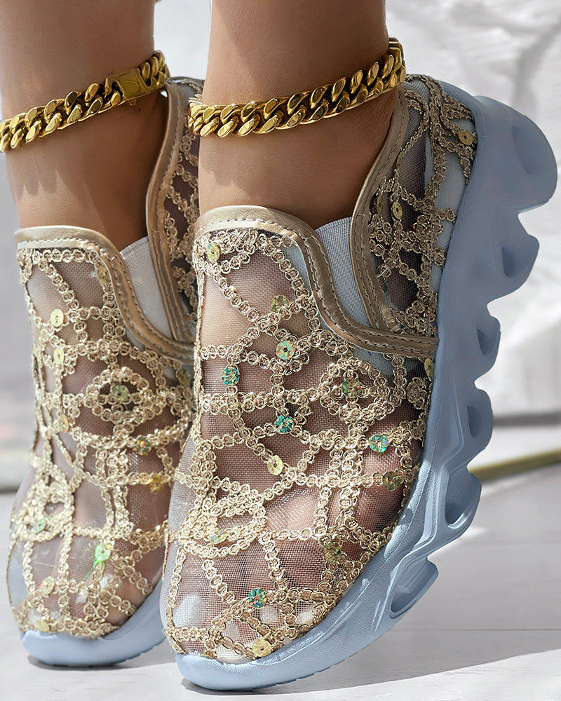 Contrast Sequin Sheer Mesh Patch Breathable Sneakers