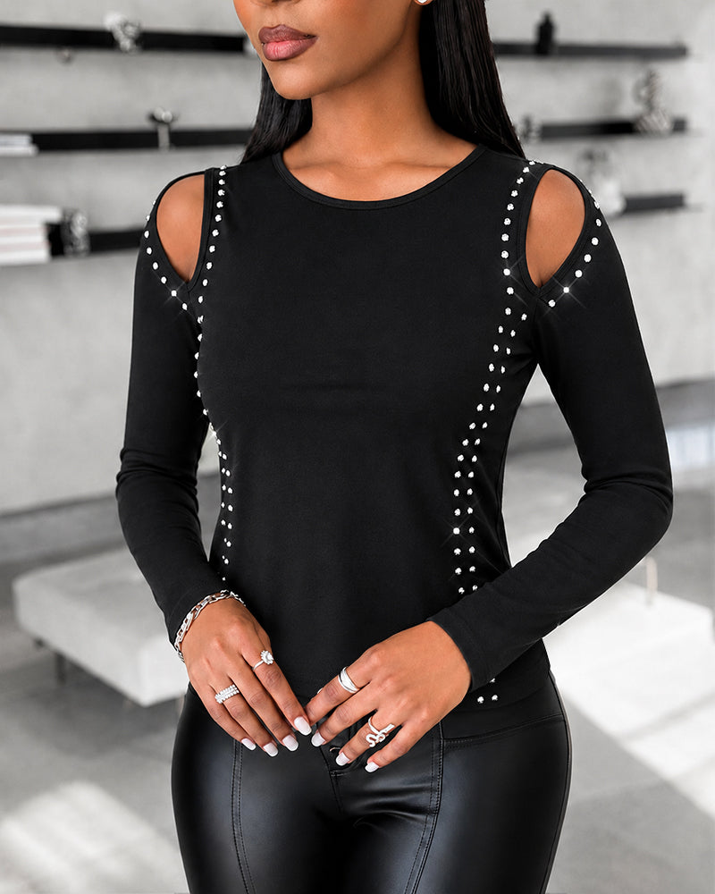 Women's Long Sleeve Top Sparkly Rhinestone Cutout Tee Slim Fit Round Neck T-Shirt