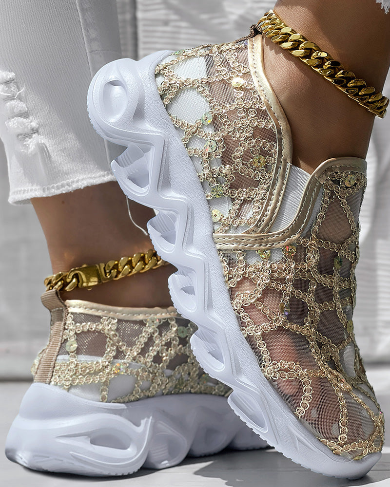 Contrast Sequin Sheer Mesh Patch Breathable Sneakers