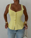 Women's Square Neck Knit Tank Top Gold Button Cinch Waist Peplum Vest