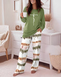 2 Pieces Outfit Letter Print Long Sleeve Top and Tie Dye Print Elastic Waist Pants Set Casual Pajamas Set