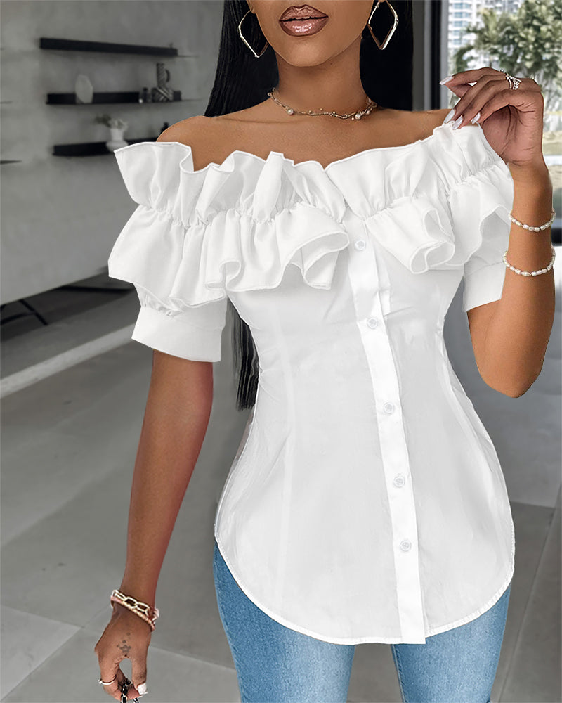 Ruffles Off Shoulder Short Sleeve Button Front Blouse Asymmetrical Hem Top