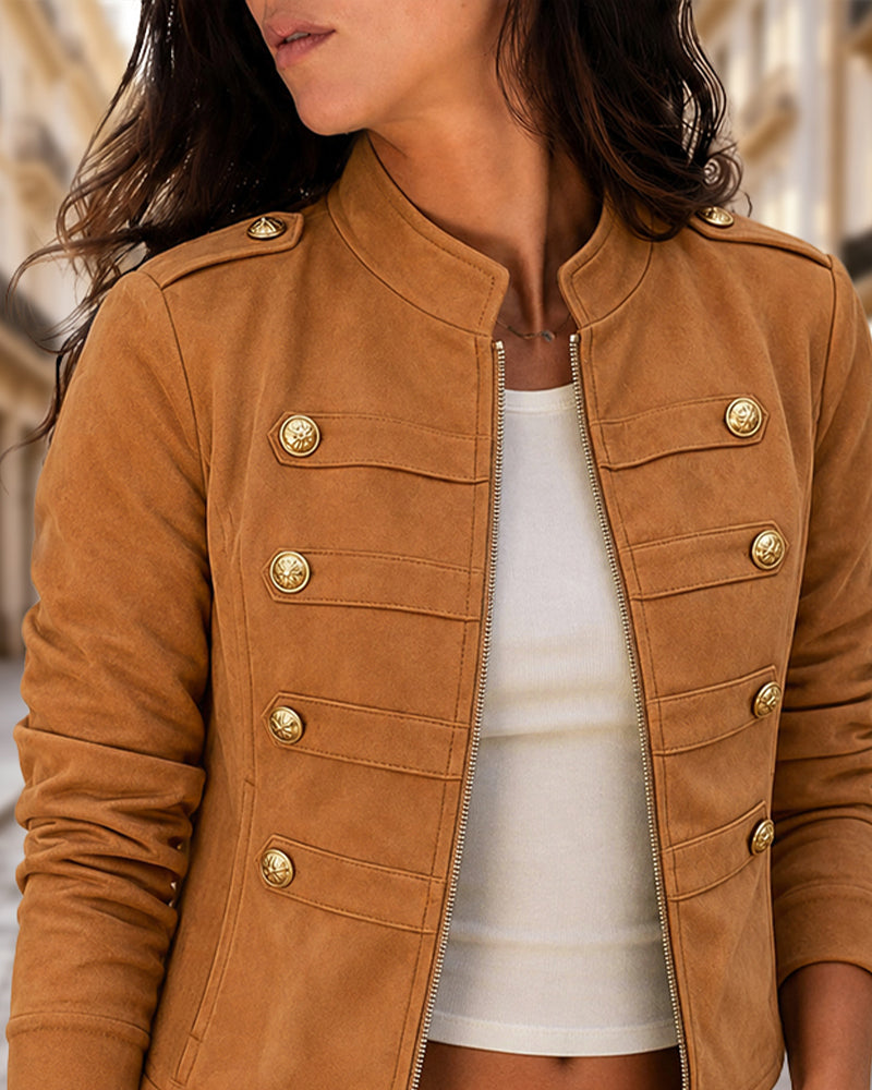 Women's Suede Crop Bomber Jacket Casual Stand Collar Double Breasted Gold Button Coat