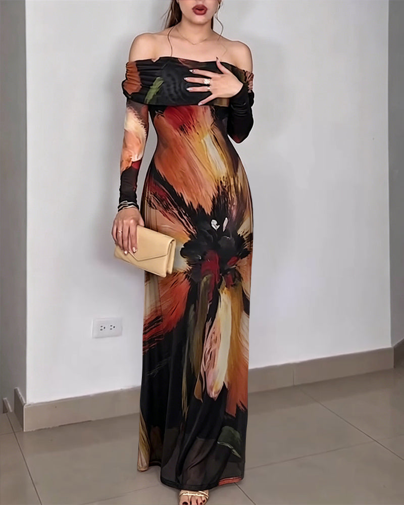 Women's Oil Painting Print Foldover Off-Shoulder Mesh Overlay Maxi Dress Long SleeveRuched Mermaid Long Dress