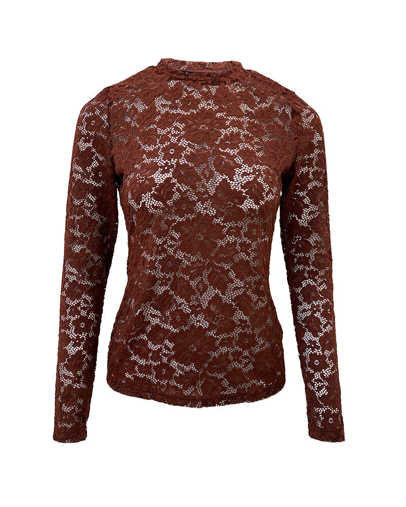 Women's Sexy Sheer Lace Top Long Sleeve O-Neck Slim Fit See-Through Elegant Blouse Base Layer Shirt