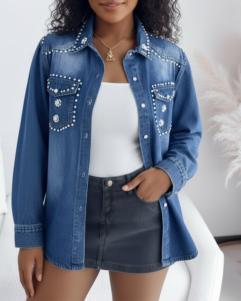Vintage Rhinestone & Pearls Decor Turn-down Collar Button Front Asymmetrical Hem Coat Casual Flower Pattern Flap Pockets Design Washed Denim Coat
