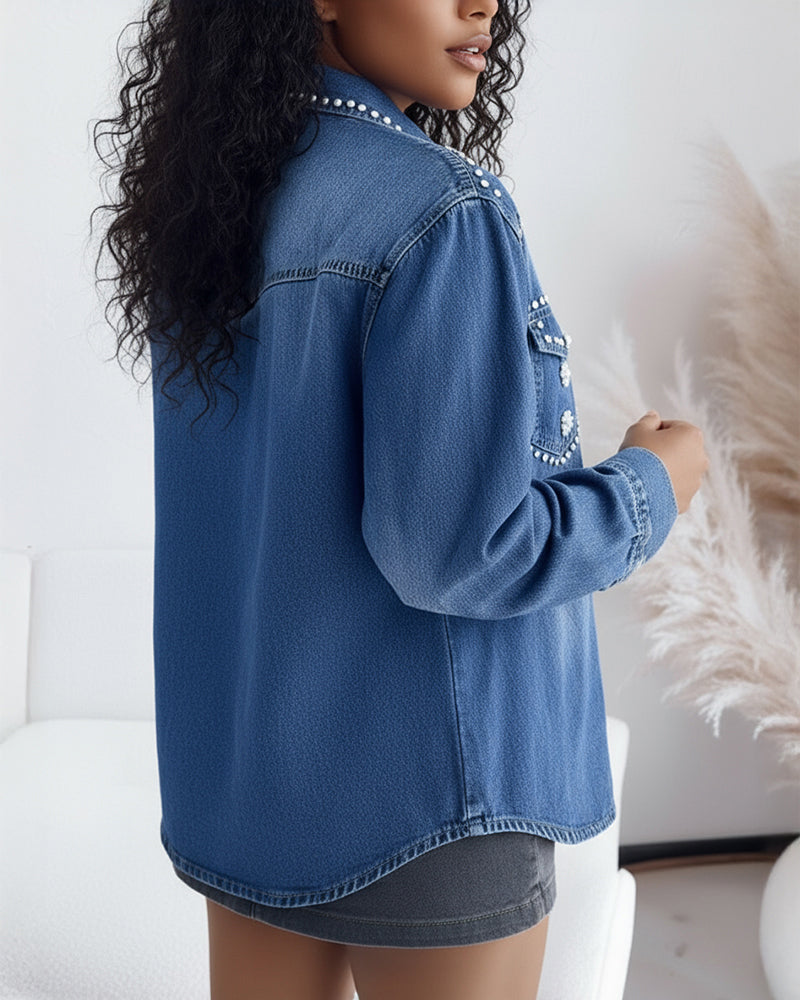 Vintage Rhinestone & Pearls Decor Turn-down Collar Button Front Asymmetrical Hem Coat Casual Flower Pattern Flap Pockets Design Washed Denim Coat