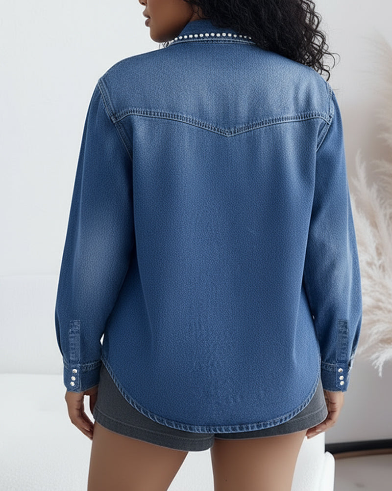 Vintage Rhinestone & Pearls Decor Turn-down Collar Button Front Asymmetrical Hem Coat Casual Flower Pattern Flap Pockets Design Washed Denim Coat