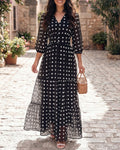 Women's Polka Dot Maxi Dress V Neck Lantern Sleeve Ruffle Hem Dress High Waist Button Up Chiffon Long Party Dress