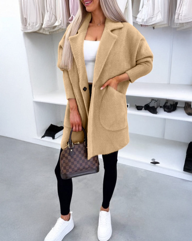 Notched Collar Long Sleeve Single Breasted Coat Casual Mid-legth Fuzzy Coat with Pockets