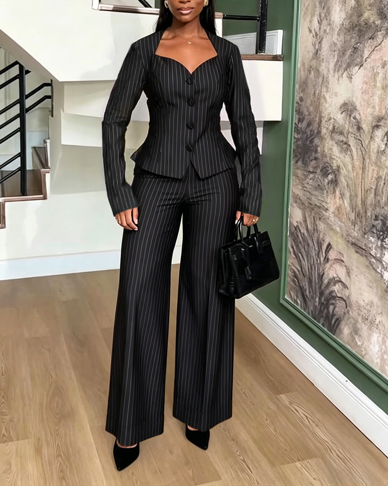 Women's 2 Piece Stripe Suit Elegant Sweetheart Neck Peplum Blazer and High Waisted Wide Leg Pants Business Outfits
