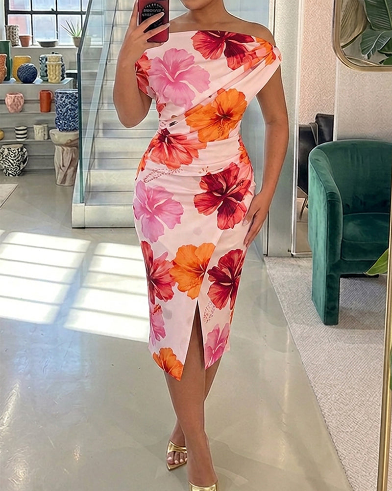Women's Floral Skew Neck Midi Dress Ruched Slim Fit Dress Wrapped Slit Vacation Dress