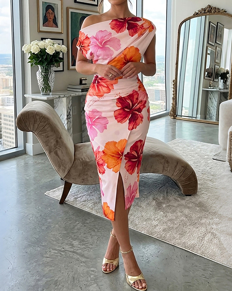 Women's Floral Skew Neck Midi Dress Ruched Slim Fit Dress Wrapped Slit Vacation Dress