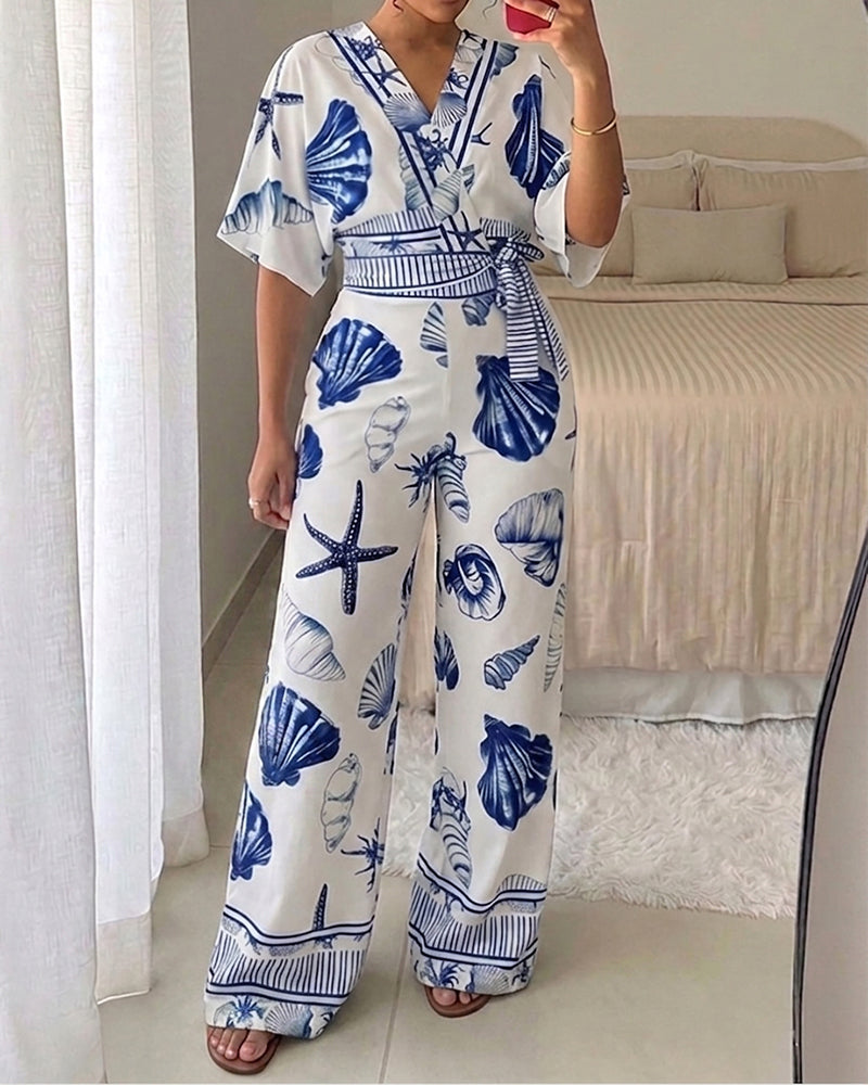 Women's Ocean Print Jumpsuit Seashell Starfish Wrap V Neck Batwing Sleeve Tie Waist Wide Leg Romper with Pockets