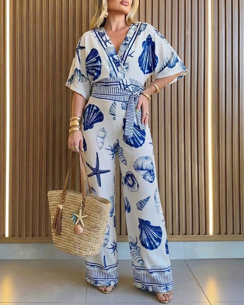 Women's Ocean Print Jumpsuit Seashell Starfish Wrap V Neck Batwing Sleeve Tie Waist Wide Leg Romper with Pockets