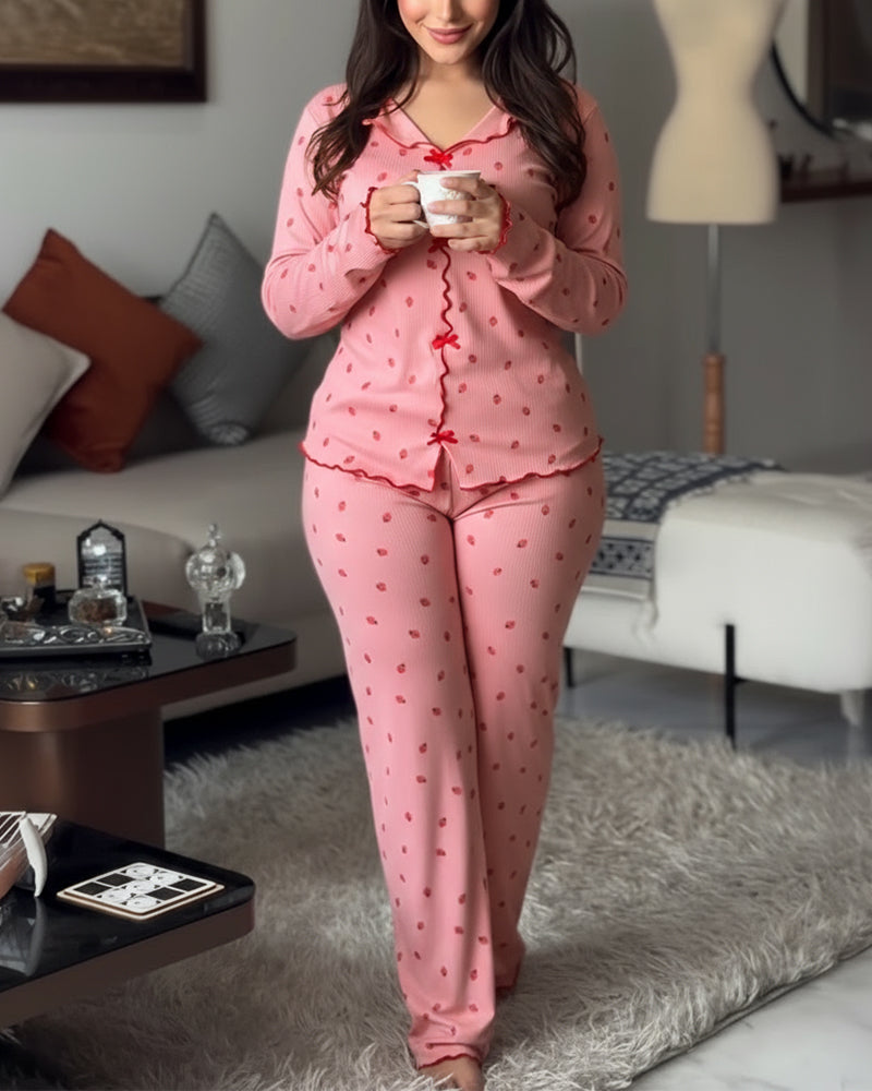 CHICME ESSENCE 2 Pieces Outfit Bowknot Decor Turn-down Collar V-Neck Top and Elastic Waist Slit Hem Pants Set Casual Strawberry Print Frill Trim Ribbed Pajamas Set