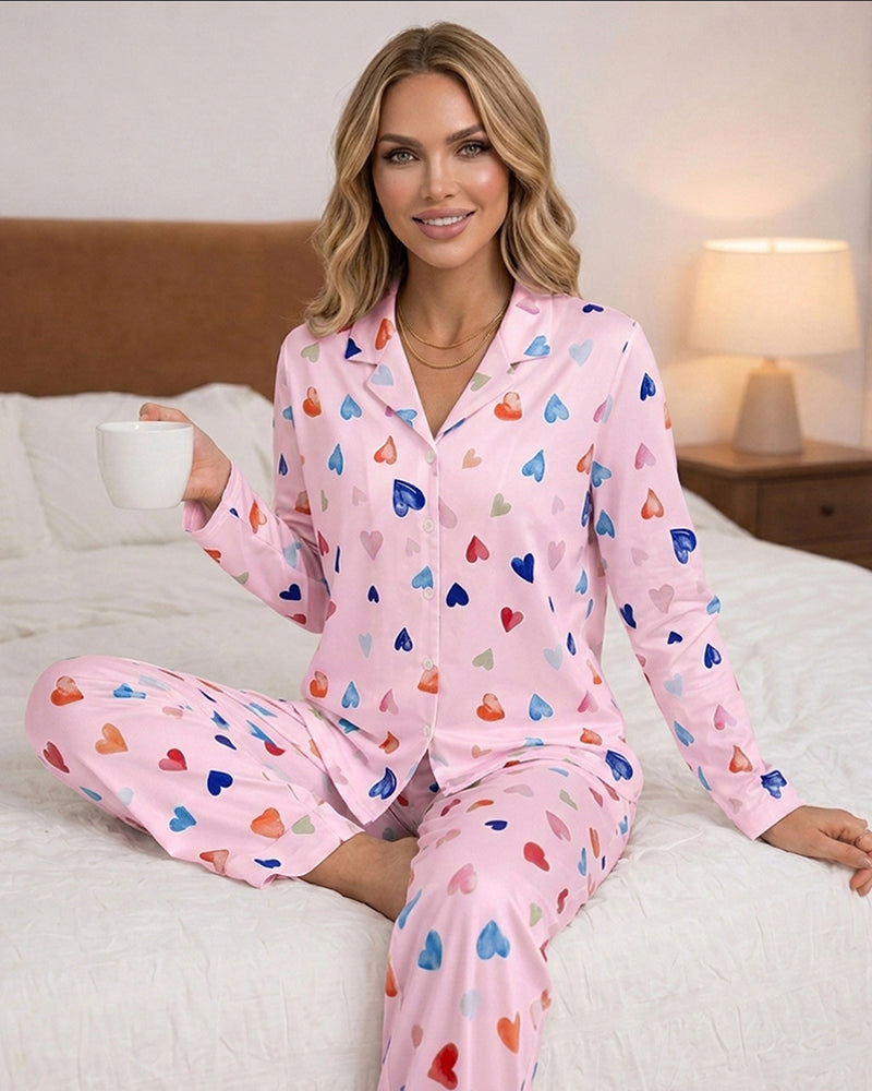 CHICME ESSENCE Women's Colorful Heart Print 2 Piece Pajama Set Long Sleeve Button Down Top and High Waisted Pants Casual Lounge Sets