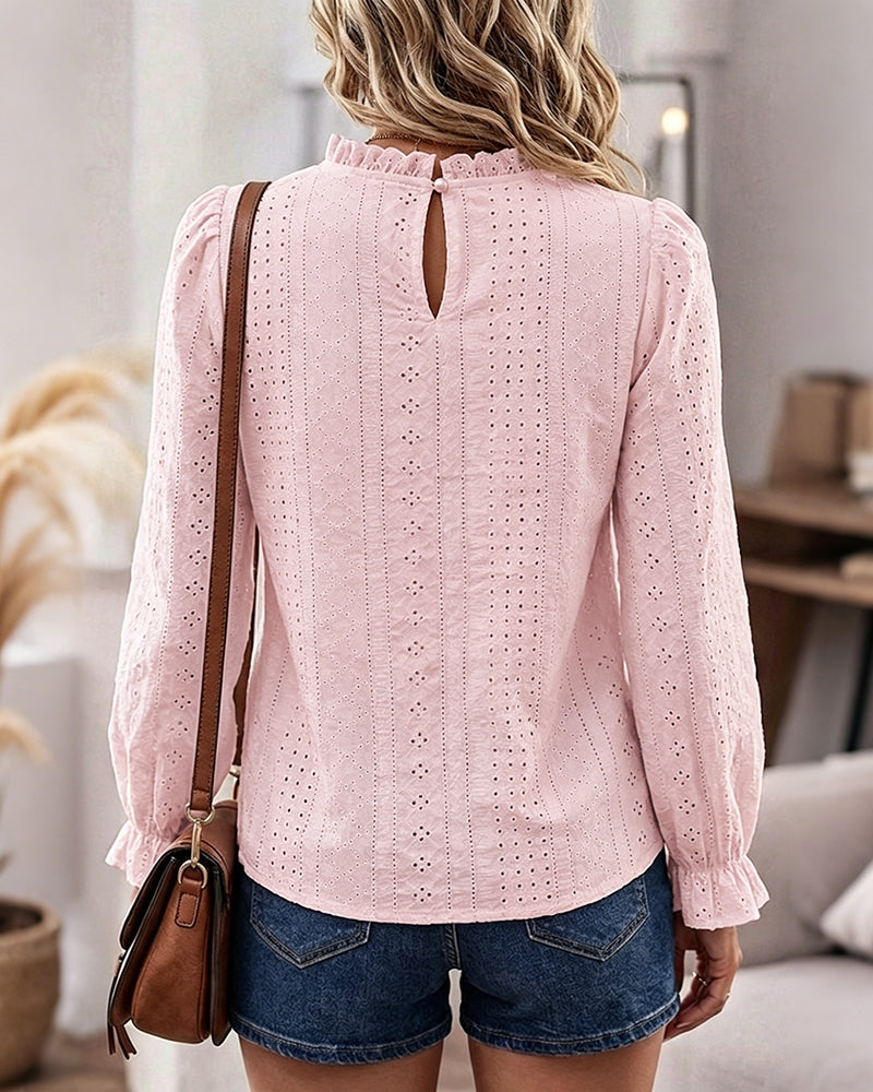Women's French Style Eyelet Embroidery Blouse Elegant Frill Hem Stand Collar Puff Sleeve Top Lace Patchwork Shirt