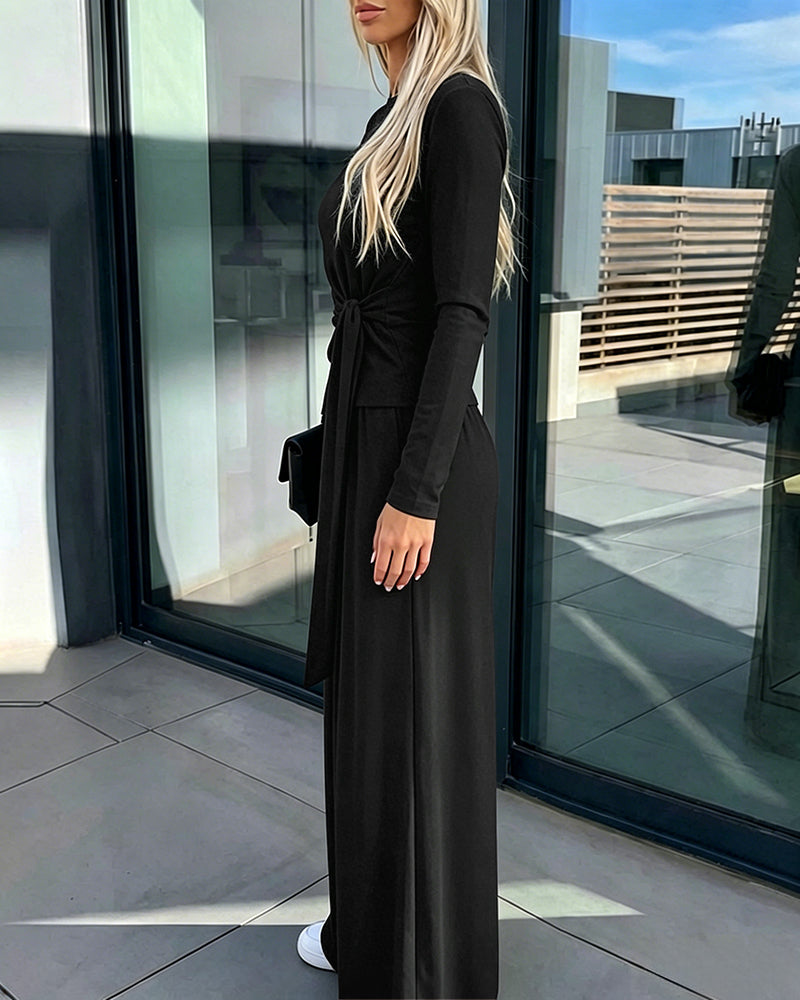 CHICME ESSENCE Women's 2 Piece Knit Lounge Set Long Sleeve Tie Waist Top and High Waisted Wide Leg Pants Casual Soft Sweatsuit with Pockets