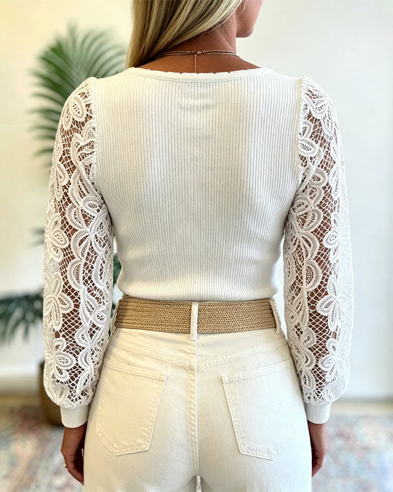 Women's Ribbed Knit Top Square Neck Lace Long Sleeve Shirt Slim Fit Elegant Pullover Top