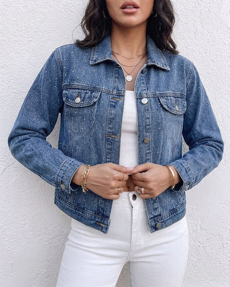 Women's Rhinestone Denim Jacket Vintage Washed Button-Down Jean Jacket Sparkly Loose Fit Streetwear Outwear