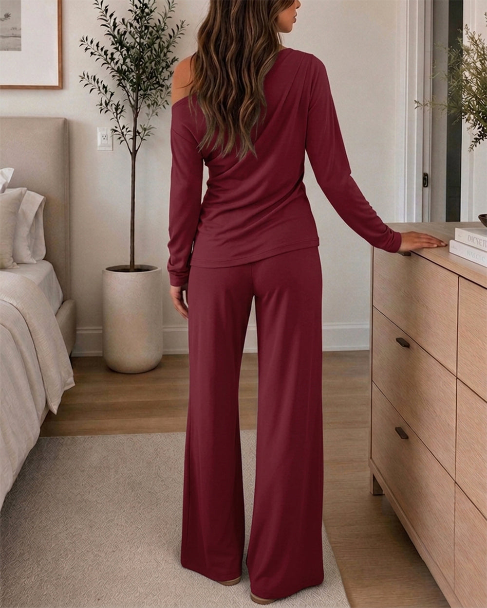CHICME ESSENCE Women's 2 Piece Lounge Set Skew Neck Ruched Asymmetric Hem Long Sleeve Top and Wide Leg Pants Matching Outfit