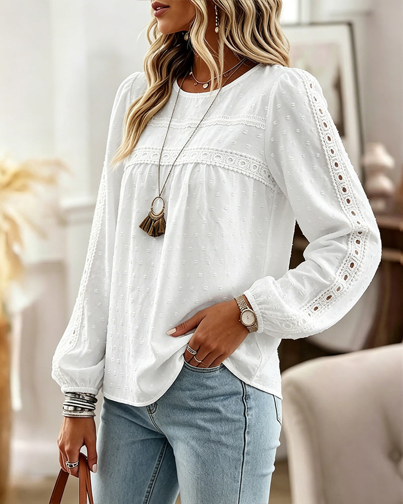Women's Hollow-Out Lace Spliced Lantern Sleeve Top Elegant 3D Jacquard Chiffon Blouse for Work and Daily Wear
