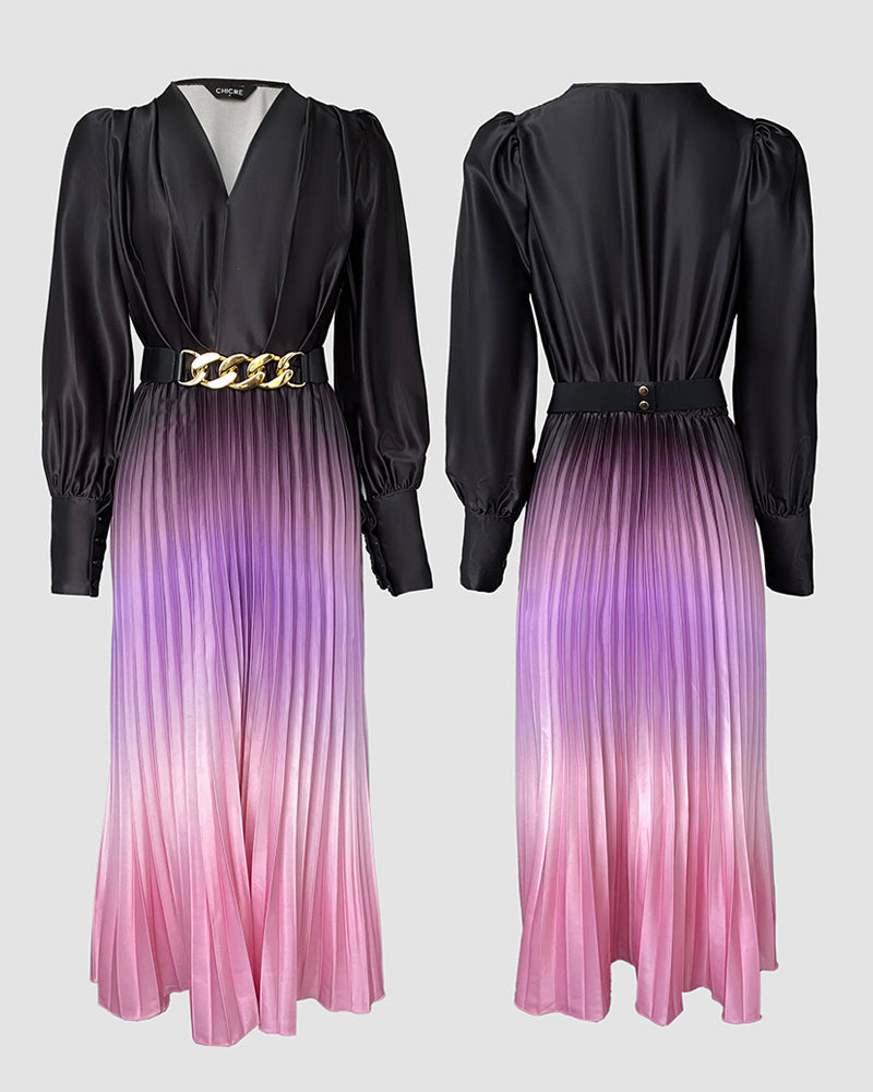 Ombre Deep V Neck Long Sleeve Pleated Mid-length Dress With Chain Decor Belt