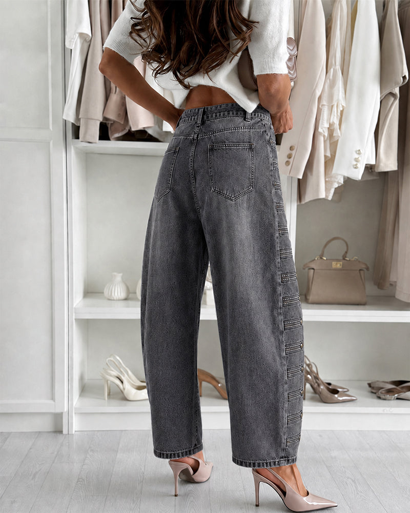 Women's Wide Leg Jeans High Waisted Side Button Denim Pants Distressed Washed Trousers Retro Y2K Streetwear