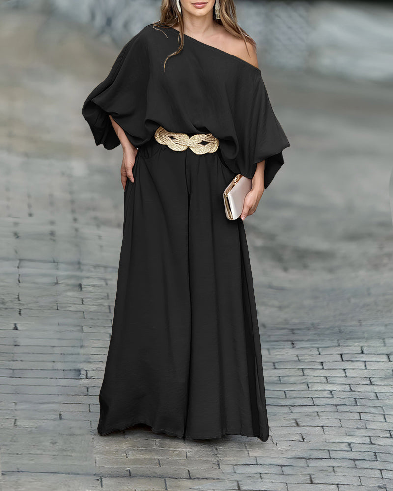2 Pieces Outfit Turn-down Coll  Long Sleeve Button Front Satin  Shirt and Casual Vintage Floral  Print Elastic Back Waist Wide Leg  Pants Set without Belt