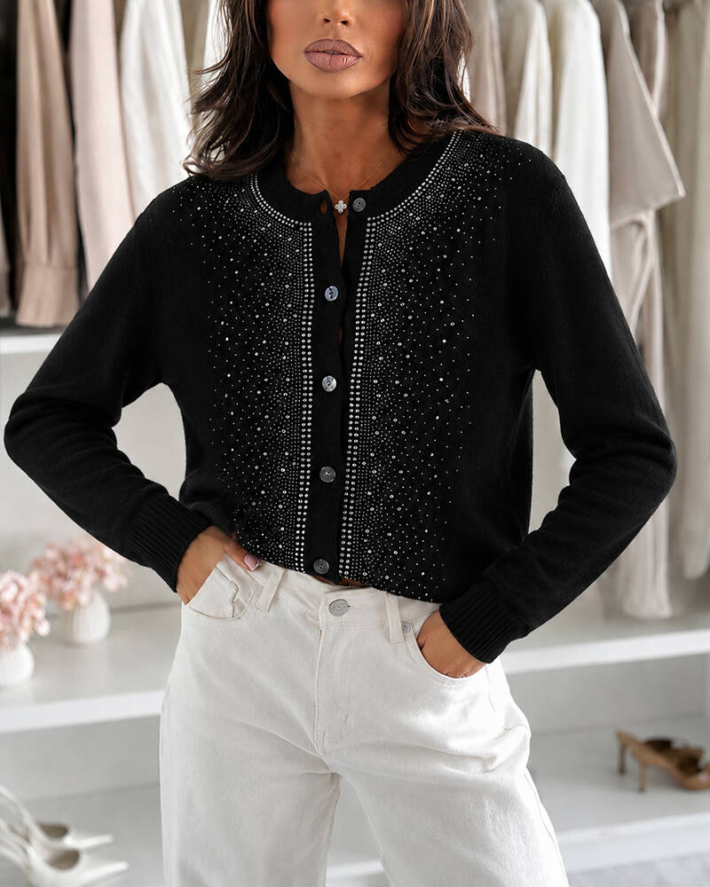 Women's Rhinestone Crewneck Knit Cardigan Button Down Long Sleeve Sweater Top