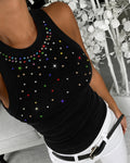 Women's Ribbed Racerback Tank Top Colorful Rhinestone Embellished Crewneck Slim Fit Rib Knit Camisole