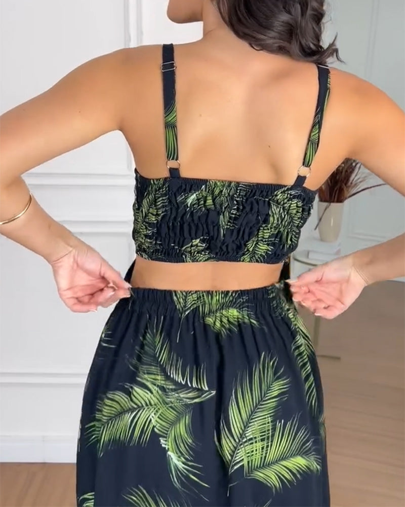 Women's Tropical Print Ruffle Hem Maxi Dress Sexy Cutout Adjustable Strap Slit Beach Vacation Dress