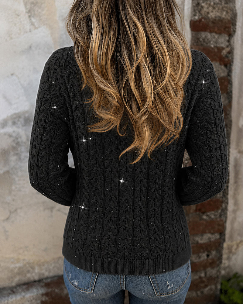 Women's Sequin Cable Knit Cardigan V Neck Button Down Slim Fit Long Sleeve Sweater