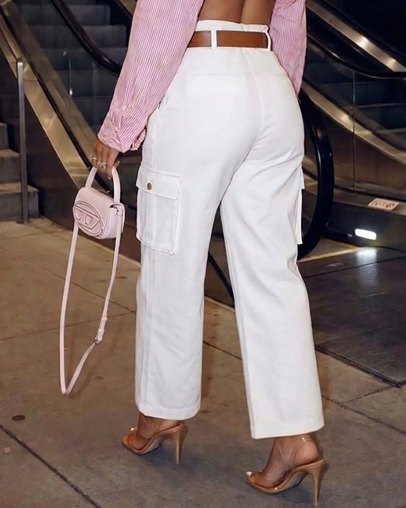 Women's Pockets Design Cargo Pants Casual High Waisted Trousers with Contrast Belt