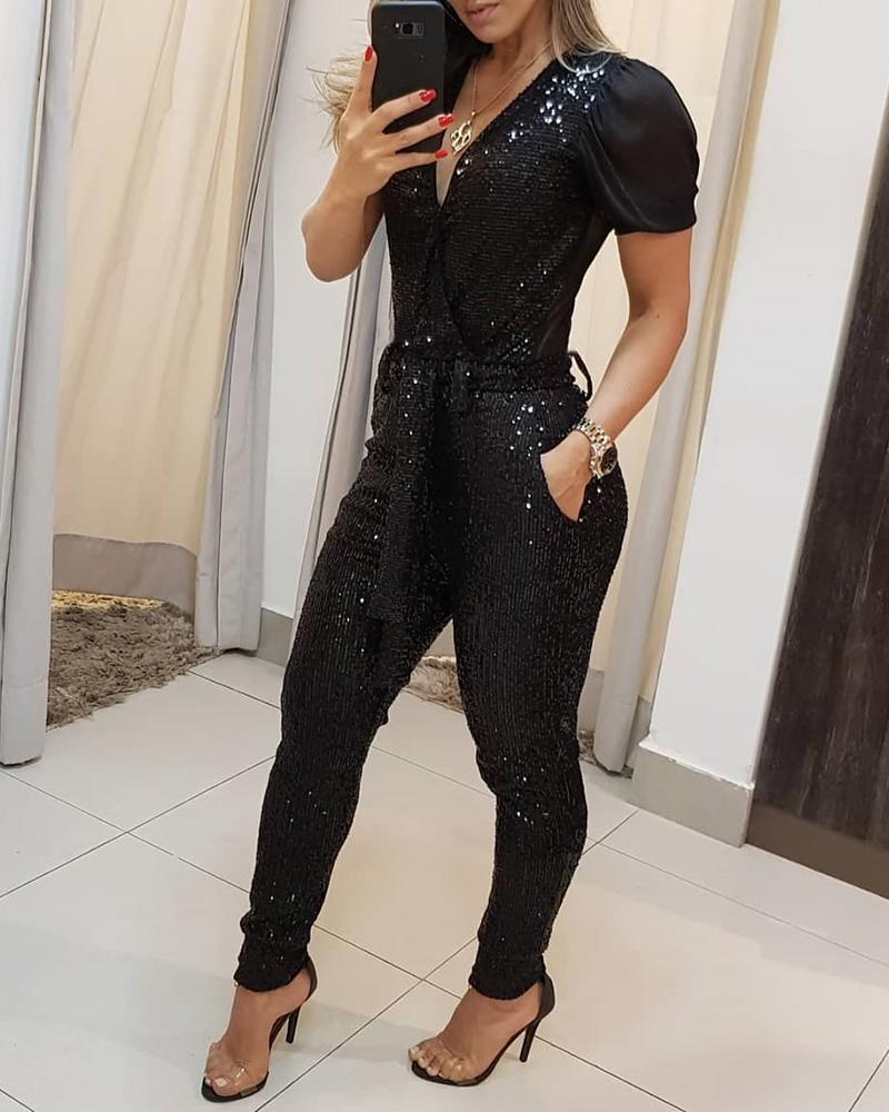 Women's Sequin Jumpsuit Sexy Deep V Neck Sheer Mesh Sleeve Overalls with Belt