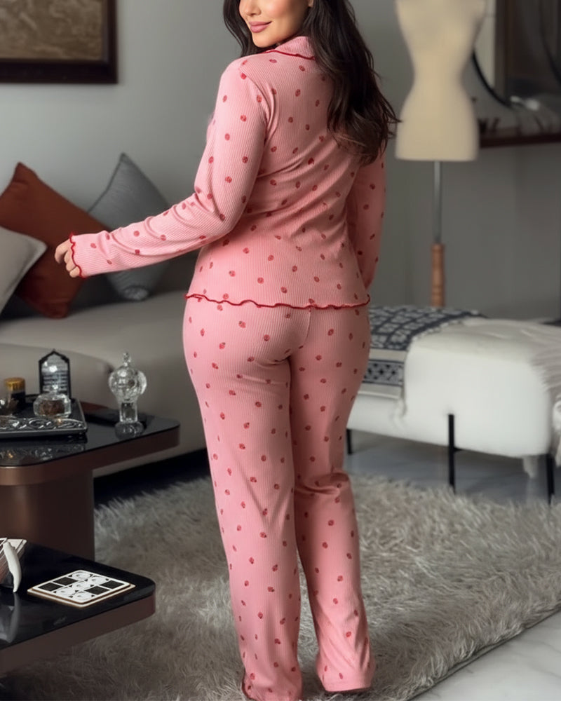 CHICME ESSENCE 2 Pieces Outfit Bowknot Decor Turn-down Collar V-Neck Top and Elastic Waist Slit Hem Pants Set Casual Strawberry Print Frill Trim Ribbed Pajamas Set