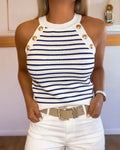 Women's Halter Neck Tank Top Striped Sleeveless Gold Button Contrast Binding Knit Top