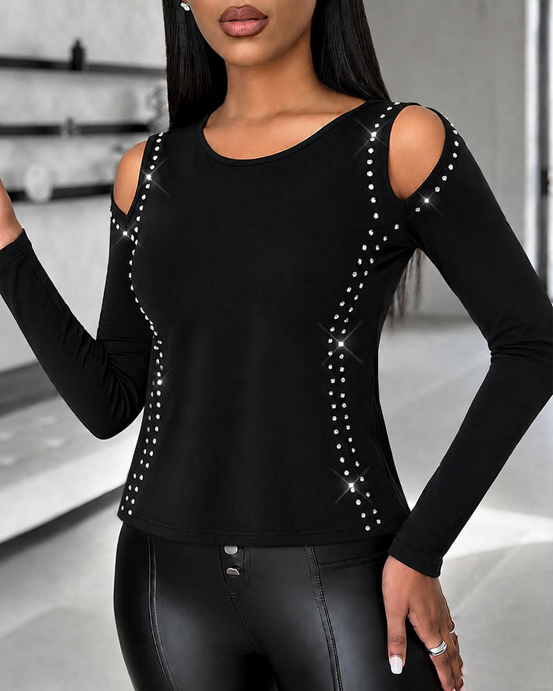 Women's Long Sleeve Top Sparkly Rhinestone Cutout Tee Slim Fit Round Neck T-Shirt