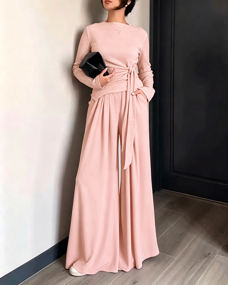 CHICME ESSENCE Women's 2 Piece Knit Lounge Set Long Sleeve Tie Waist Top and High Waisted Wide Leg Pants Casual Soft Sweatsuit with Pockets