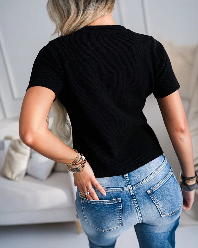 Women's Rib-Knit Short Sleeve Cardigan Gold Flower Button Round Neck Sweater Casual Top