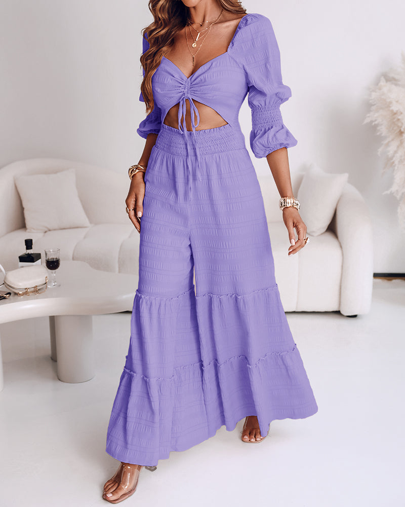 Sweetheart Neck Puff Sleeve Drawstring Front Shirred Overalls Casual Cutout Front Ruffle Hem Wide Leg Jumpsuit