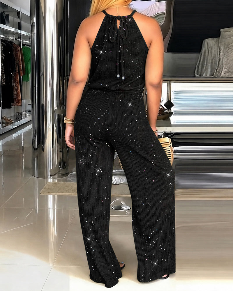 Women's Glitter Halter Tie Jumpsuit Casual Hollow Out Wide Leg Overalls Sparkling Drawstring Waist Jumpsuit with Pockets