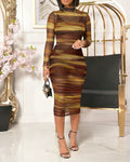 Tie Dye Print Mock Neck Long Sleeve Side Ruched Sexy Sheer Mesh Bodycon Dress with Cami Set