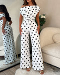 Women's Polka Dot Jumpsuit Skew Neck Ruched Wide Leg Overalls Casual High Waisted Jumpsuit with Pockets